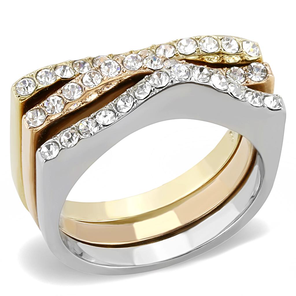 JCE3234 Three Tone IP+»-+-åIP Gold & IP Rose Gold & High Polished) Stainless Steel Ring with Top Grade Crystal in Clear