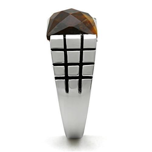 JCE324 High polished (no plating) Stainless Steel Ring with Semi-Precious Tiger Eye in Smoked Quartz