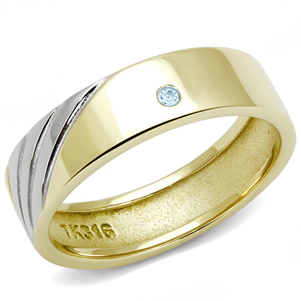 JCE3267 Two-Tone IP Gold (Ion Plating) Stainless Steel Ring with Top Grade Crystal  in Sea Blue