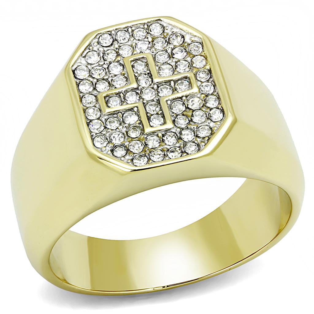 JCE3270 Two-Tone IP Gold (Ion Plating) Stainless Steel Ring with Top Grade Crystal  in Clear