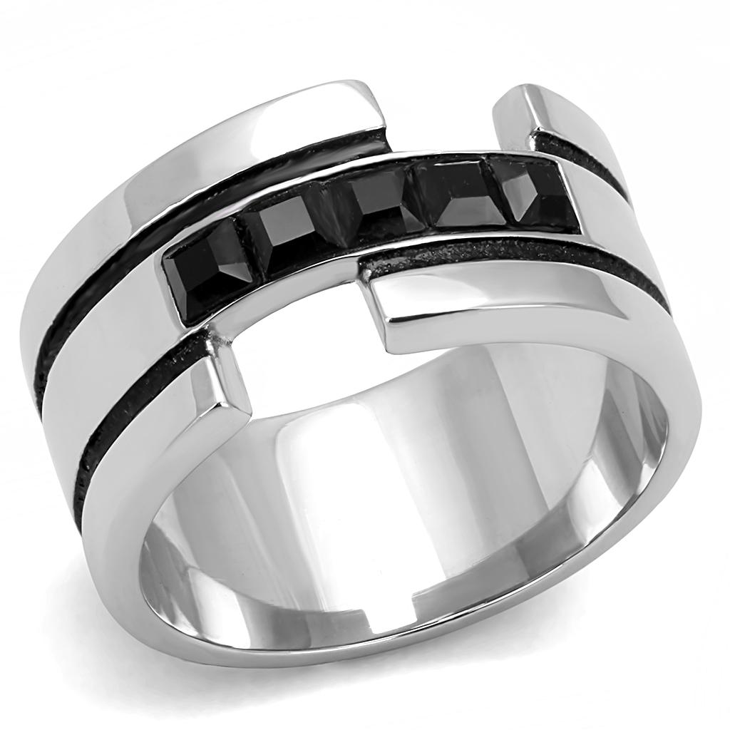 JCE3284 High polished (no plating) Stainless Steel Ring with Top Grade Crystal  in Jet