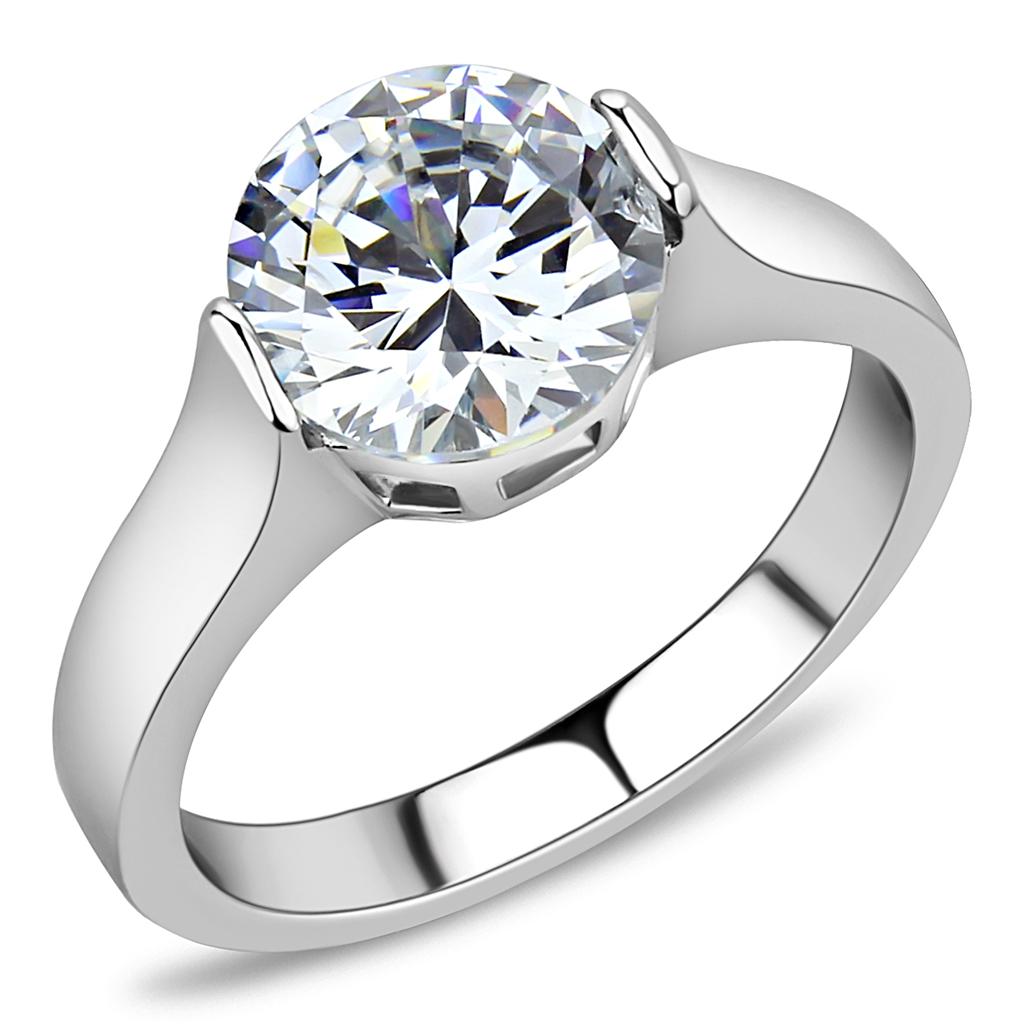 JCE3432 High polished (no plating) Stainless Steel Ring with AAA Grade CZ  in Clear