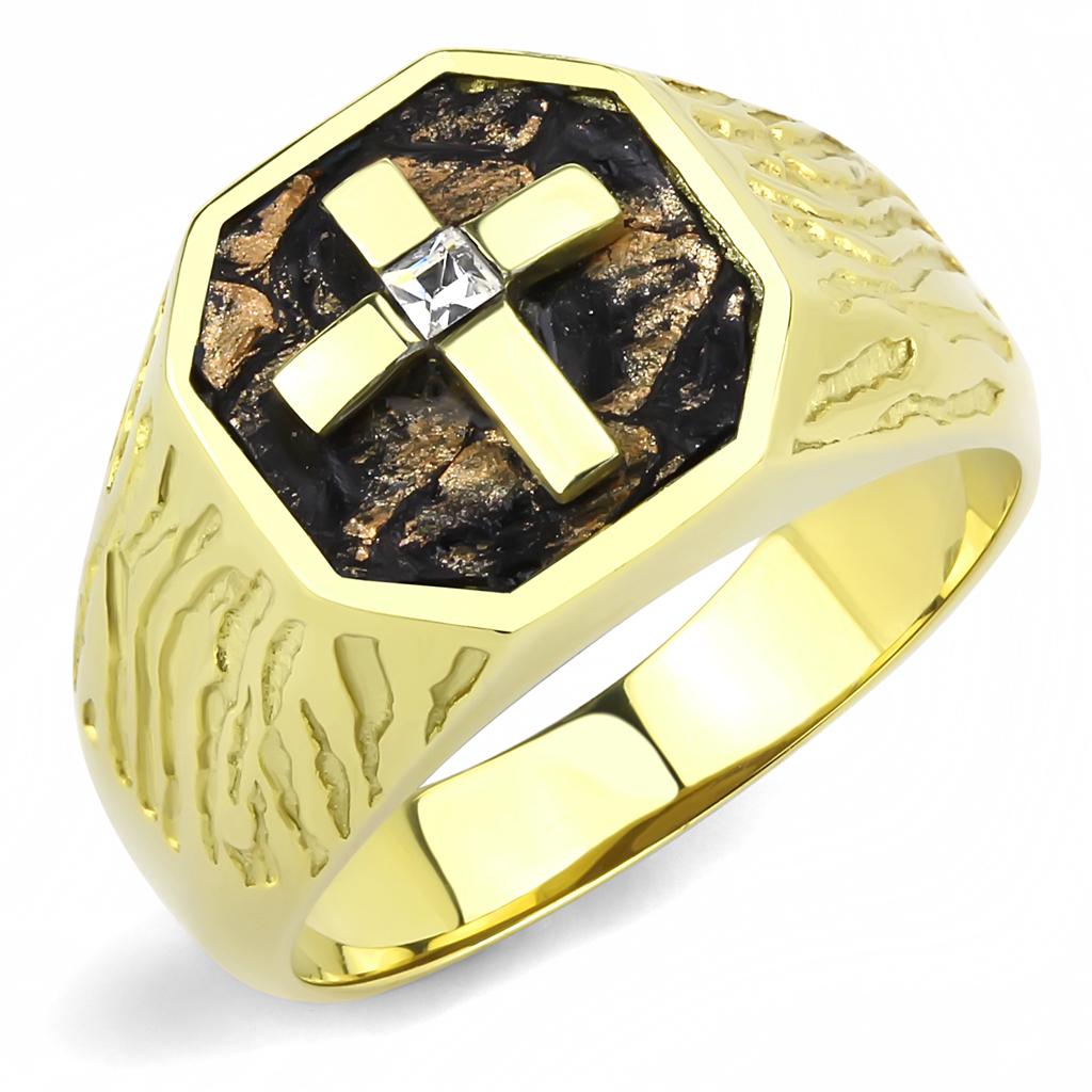 JCE3464 IP Gold(Ion Plating) Stainless Steel Ring with Top Grade Crystal in Clear