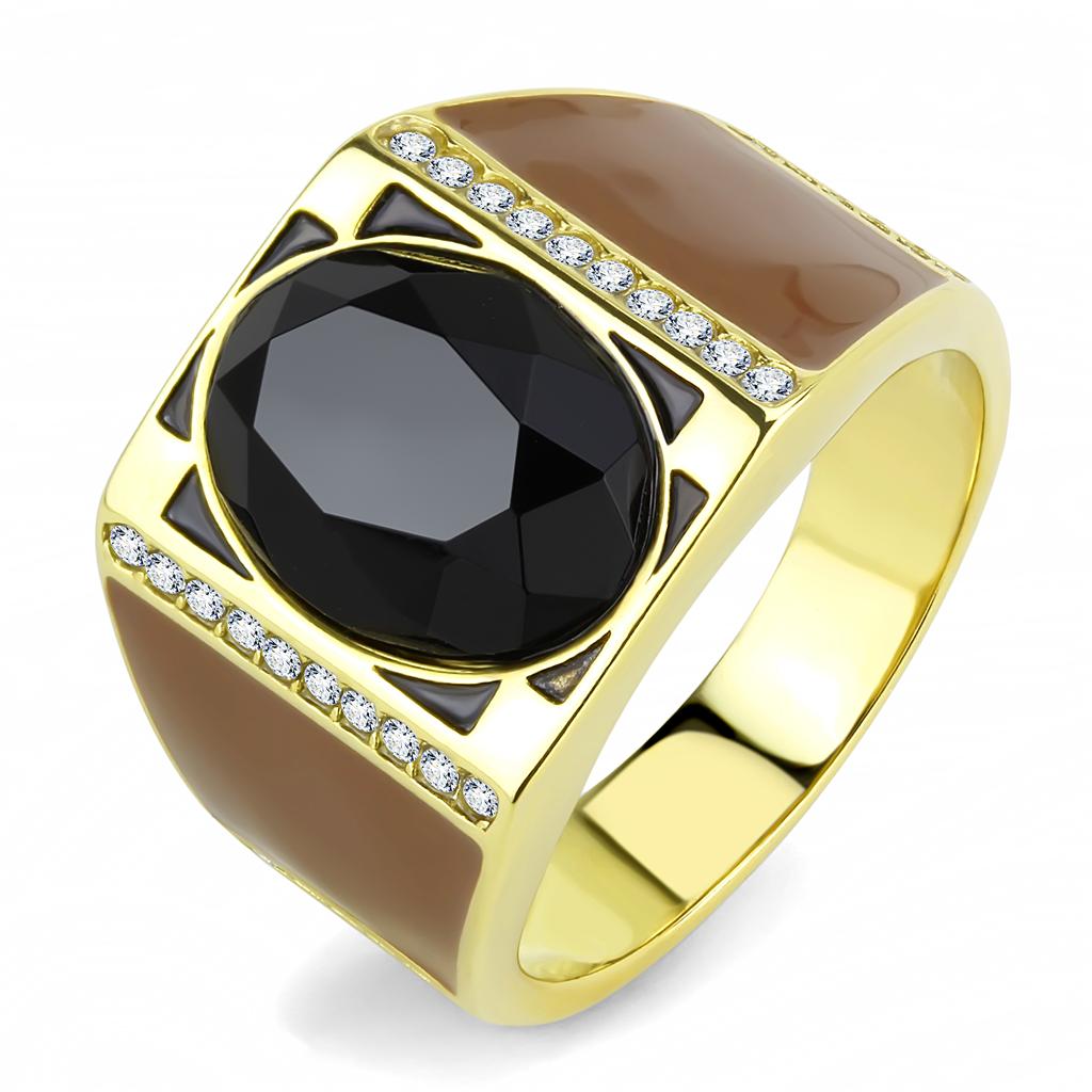 JCE3465 IP Gold(Ion Plating) Stainless Steel Ring with Synthetic Onyx in Jet