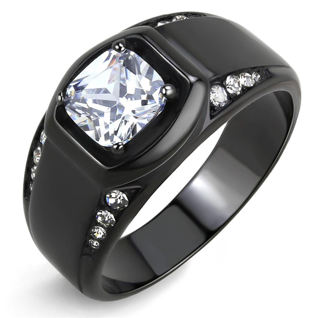 JCE3467 IP Black(Ion Plating) Stainless Steel Ring with AAA Grade CZ in Clear