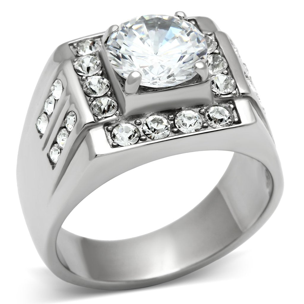 JCE348 High polished (no plating) Stainless Steel Ring with AAA Grade CZ in Clear
