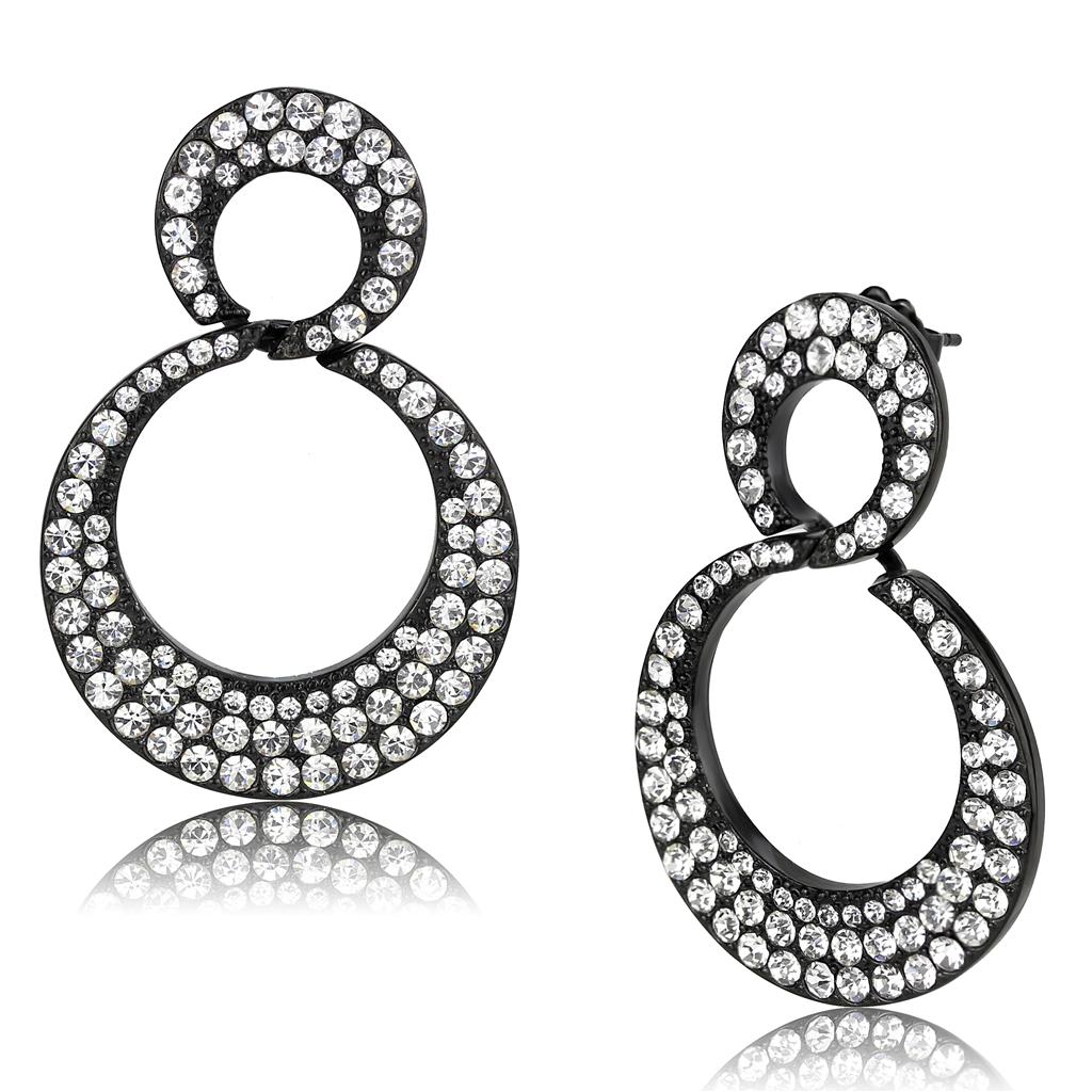 JCE3493 IP Black(Ion Plating) Stainless Steel Earrings with Top Grade Crystal in Clear