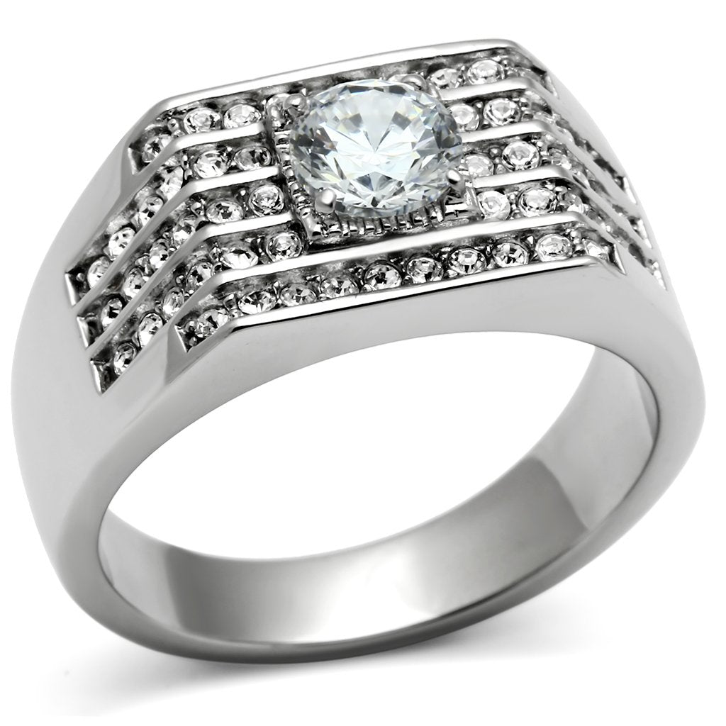 JCE351 High polished (no plating) Stainless Steel Ring with AAA Grade CZ in Clear