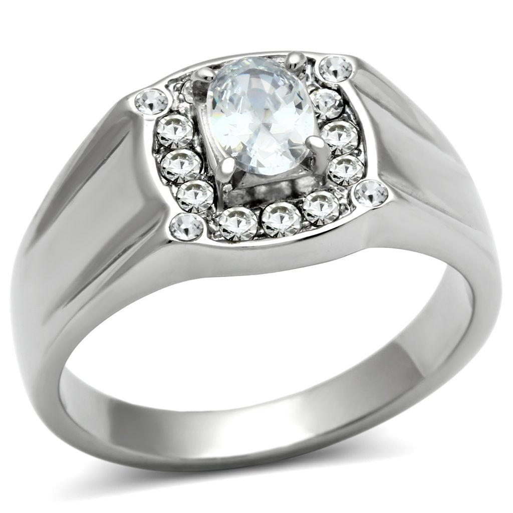 JCE353 High polished (no plating) Stainless Steel Ring with AAA Grade CZ in Clear