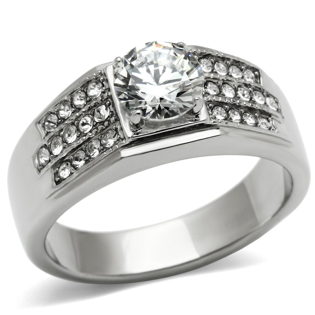 JCE354 High polished (no plating) Stainless Steel Ring with AAA Grade CZ in Clear
