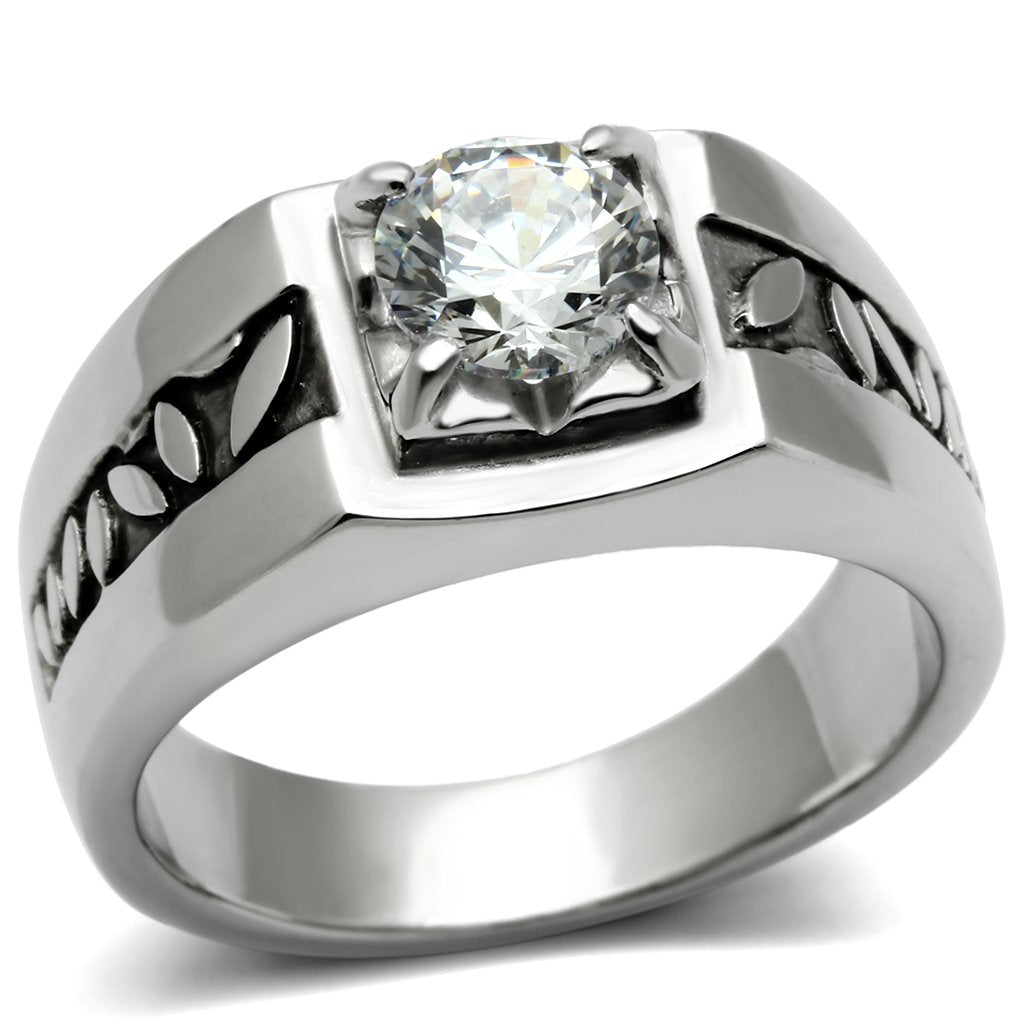 JCE356 High polished (no plating) Stainless Steel Ring with AAA Grade CZ in Clear