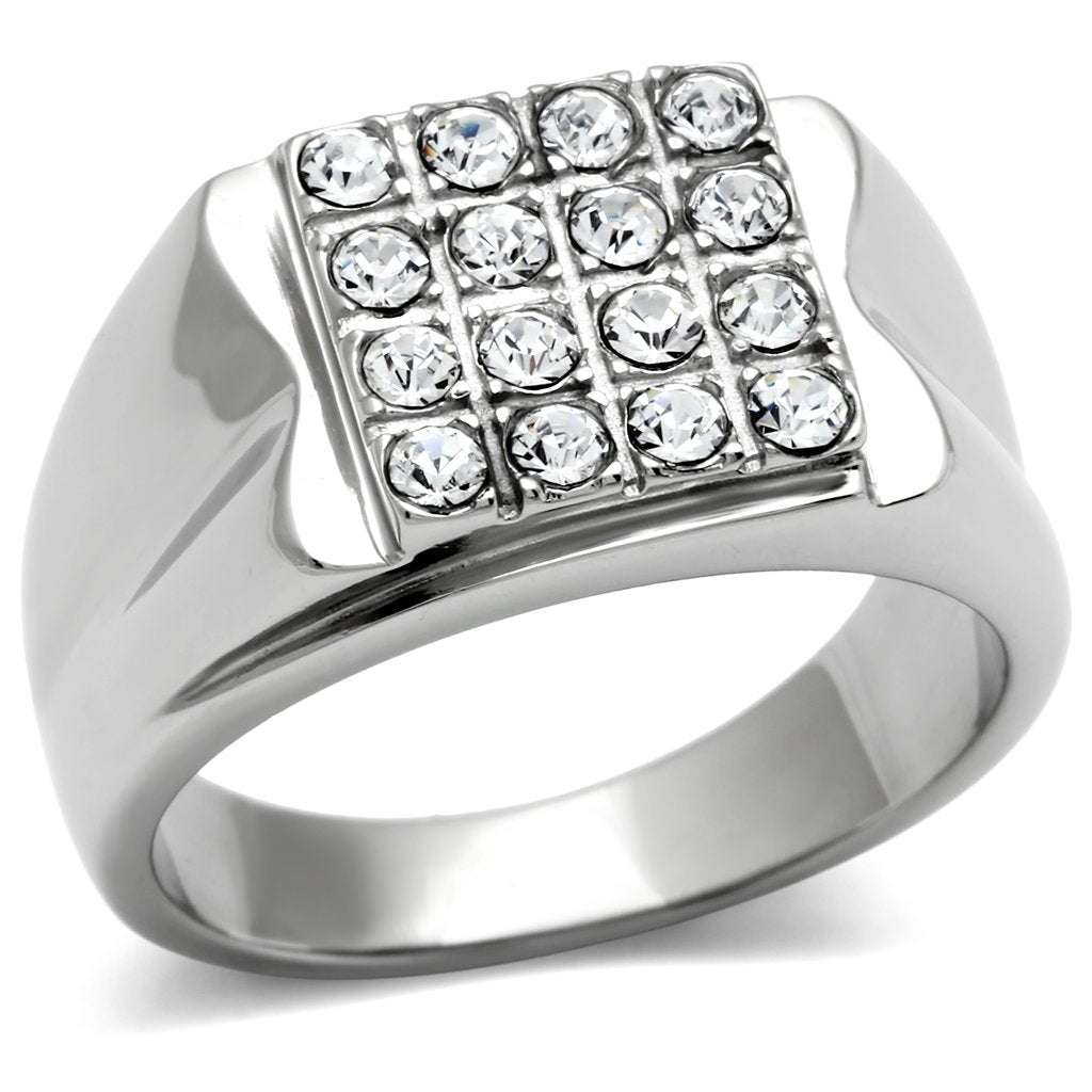 JCE359 High polished (no plating) Stainless Steel Ring with Top Grade Crystal in Clear