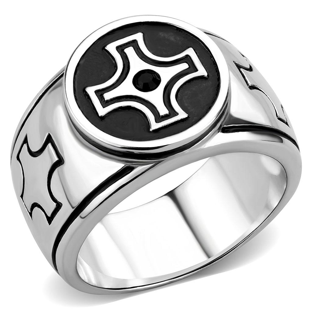 JCE3617 High polished (no plating) Stainless Steel Ring with Top Grade Crystal in Jet