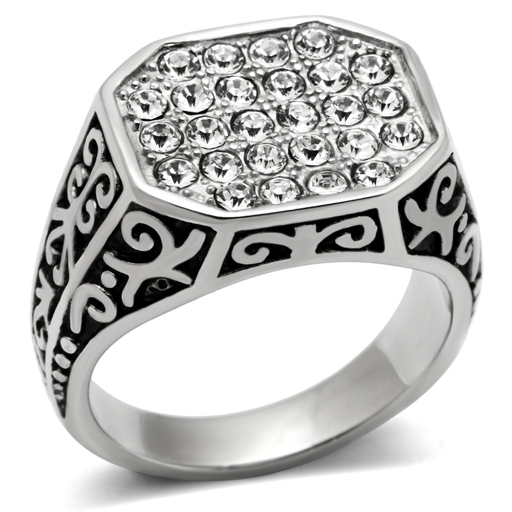 JCE362 High polished (no plating) Stainless Steel Ring with Top Grade Crystal in Clear