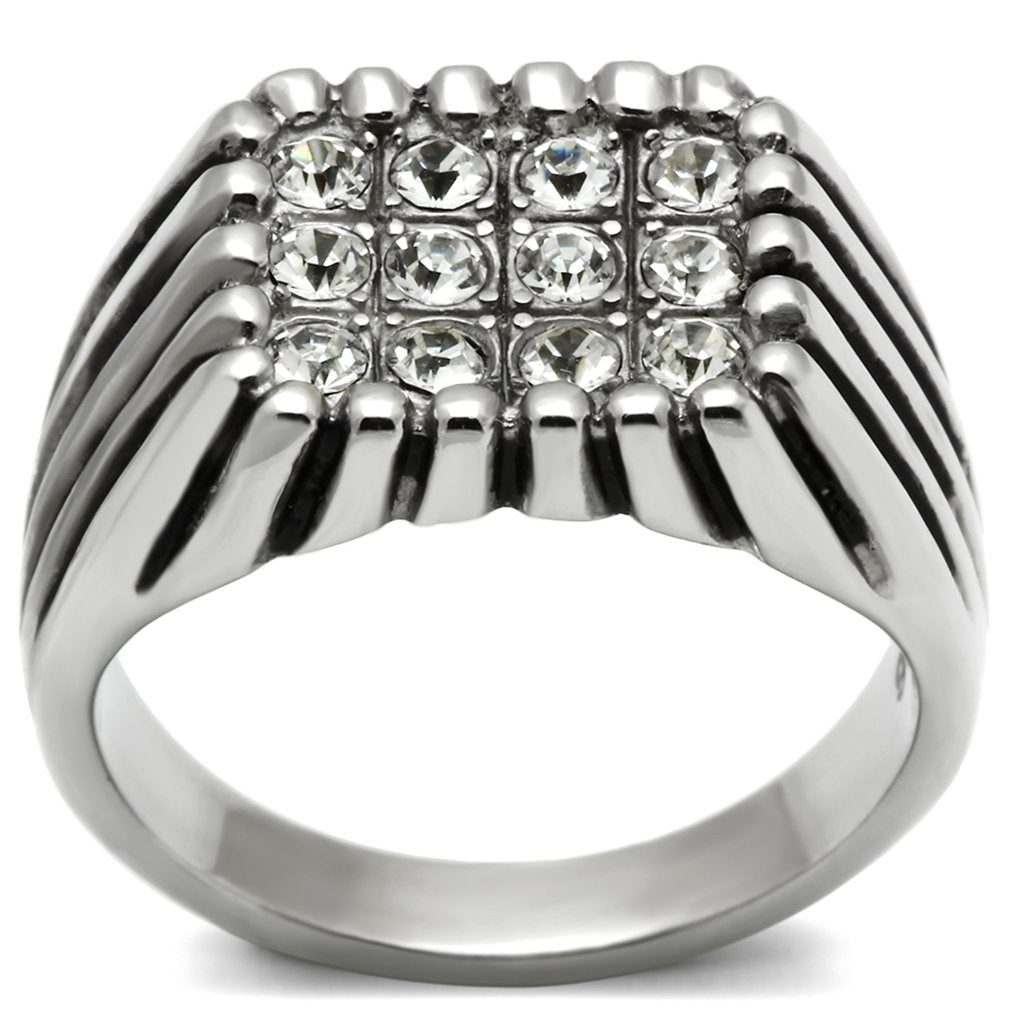 JCE363 High polished (no plating) Stainless Steel Ring with Top Grade Crystal in Clear