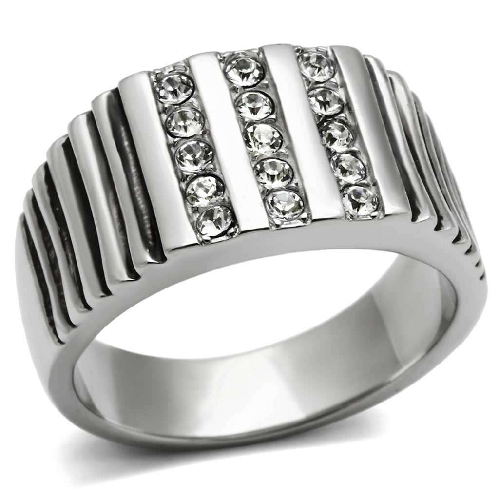 JCE364 High polished (no plating) Stainless Steel Ring with Top Grade Crystal in Clear