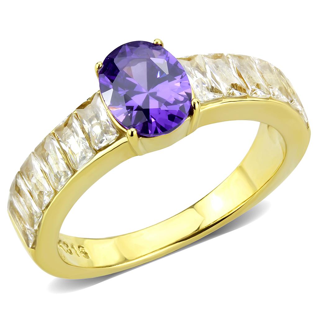 JCE3641 IP Gold(Ion Plating) Stainless Steel Ring with AAA Grade CZ in Tanzanite