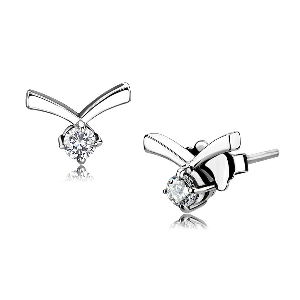JCE3657 High polished (no plating) Stainless Steel Earrings with AAA Grade CZ in Clear