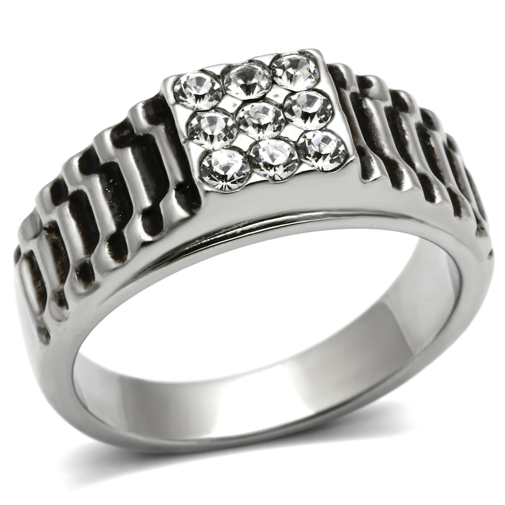 JCE368 High polished (no plating) Stainless Steel Ring with Top Grade Crystal in Clear