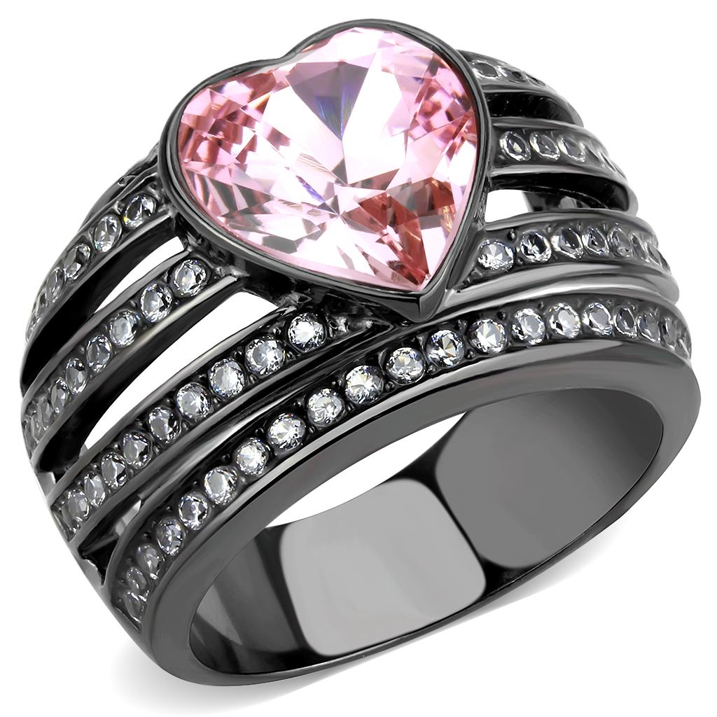 JCE3686 IP Black(Ion Plating) Stainless Steel Ring with Top Grade Crystal in Light Rose