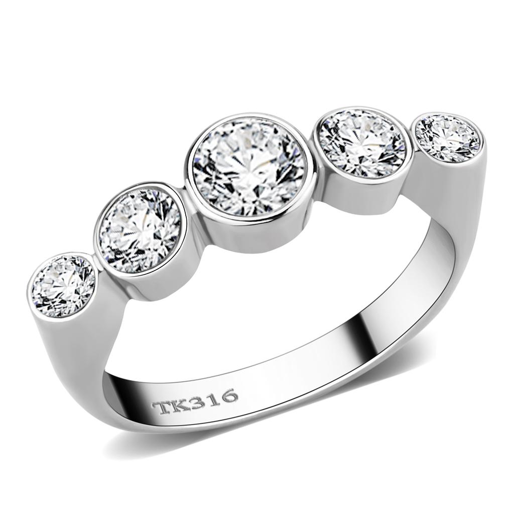 JCE3697 High polished (no plating) Stainless Steel Ring with AAA Grade CZ  in Clear