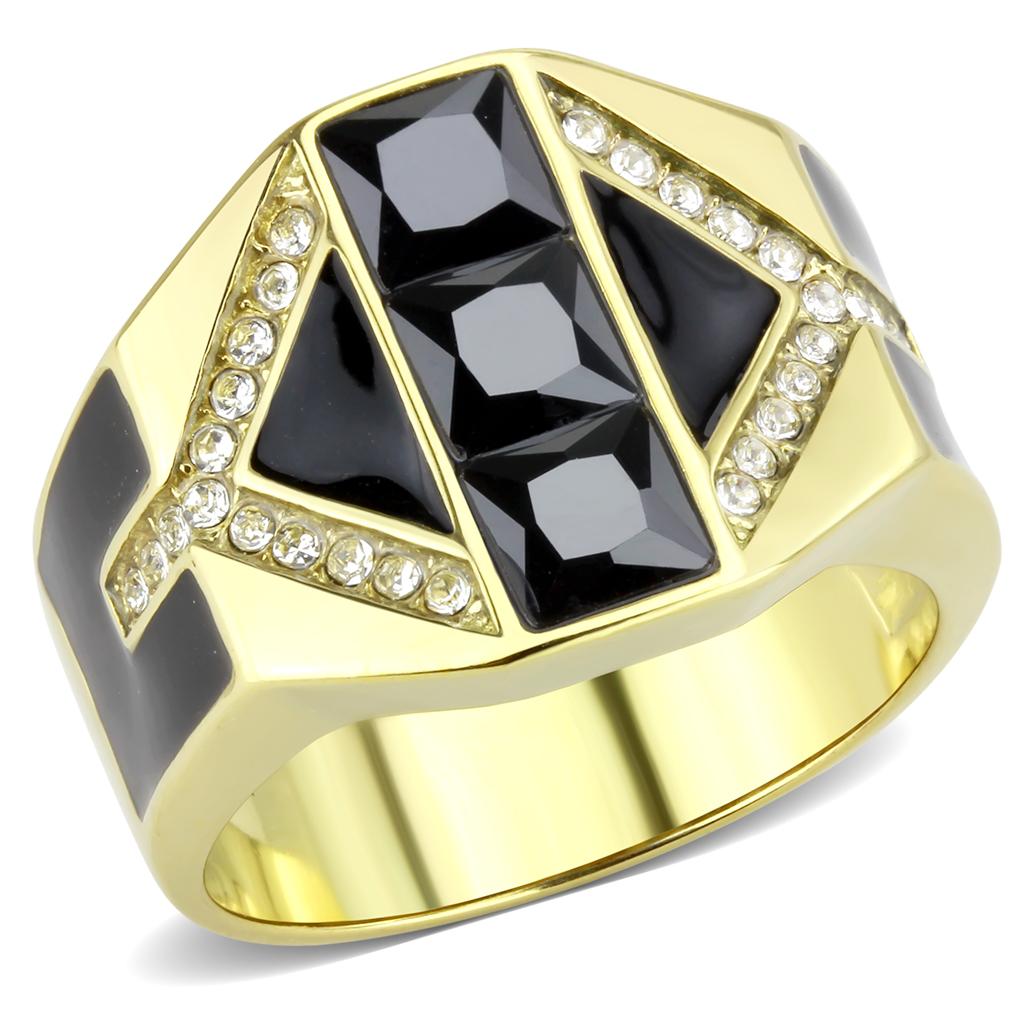 JCE3721 IP Gold(Ion Plating) Stainless Steel Ring with AAA Grade CZ in Black Diamond