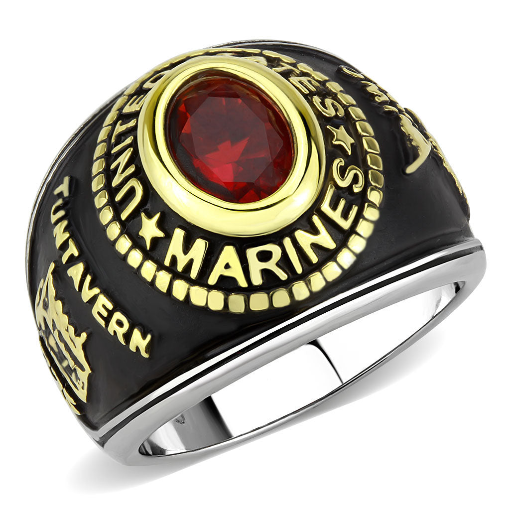 JCE3723 Two-Tone IP Gold (Ion Plating) Stainless Steel Ring with Synthetic Synthetic Glass in Red Series