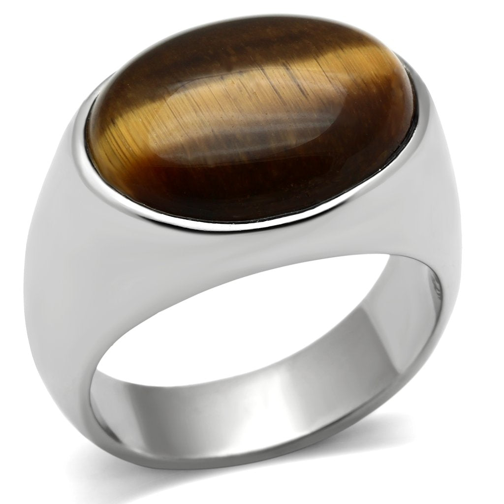 JCE378 High polished (no plating) Stainless Steel Ring with Semi-Precious Tiger Eye in Topaz