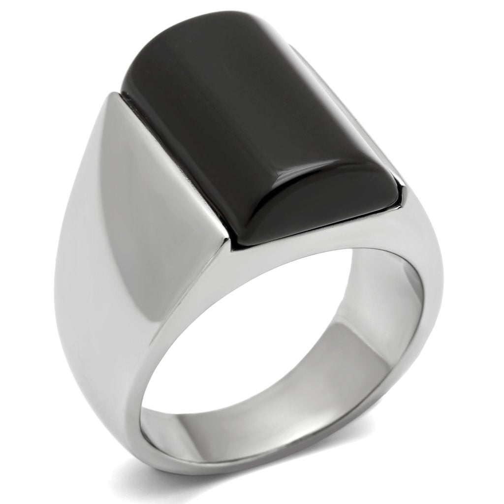 JCE379 High polished (no plating) Stainless Steel Ring with Semi-Precious Onyx in Jet