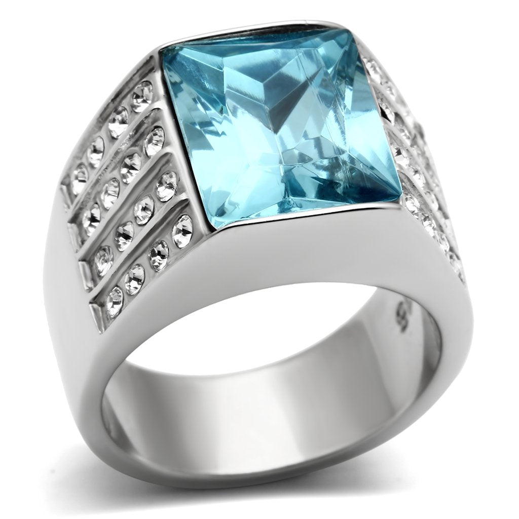 JCE394 High polished (no plating) Stainless Steel Ring with Synthetic Synthetic Glass in Sea Blue