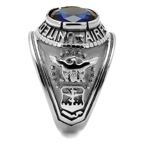 JCE414708 High polished (no plating) Stainless Steel Ring with Synthetic Synthetic Glass in Sapphire