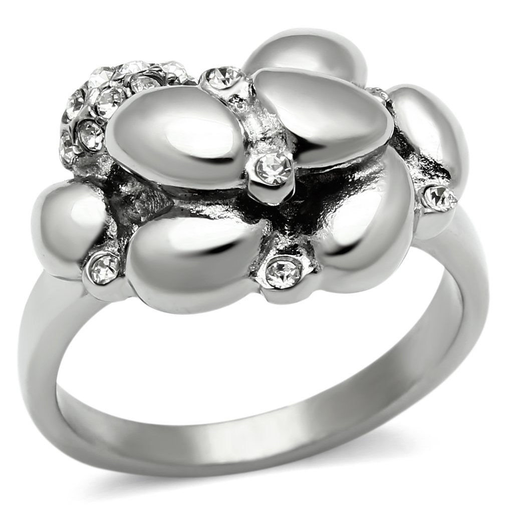 JCE476 High polished (no plating) Stainless Steel Ring with Top Grade Crystal in Clear