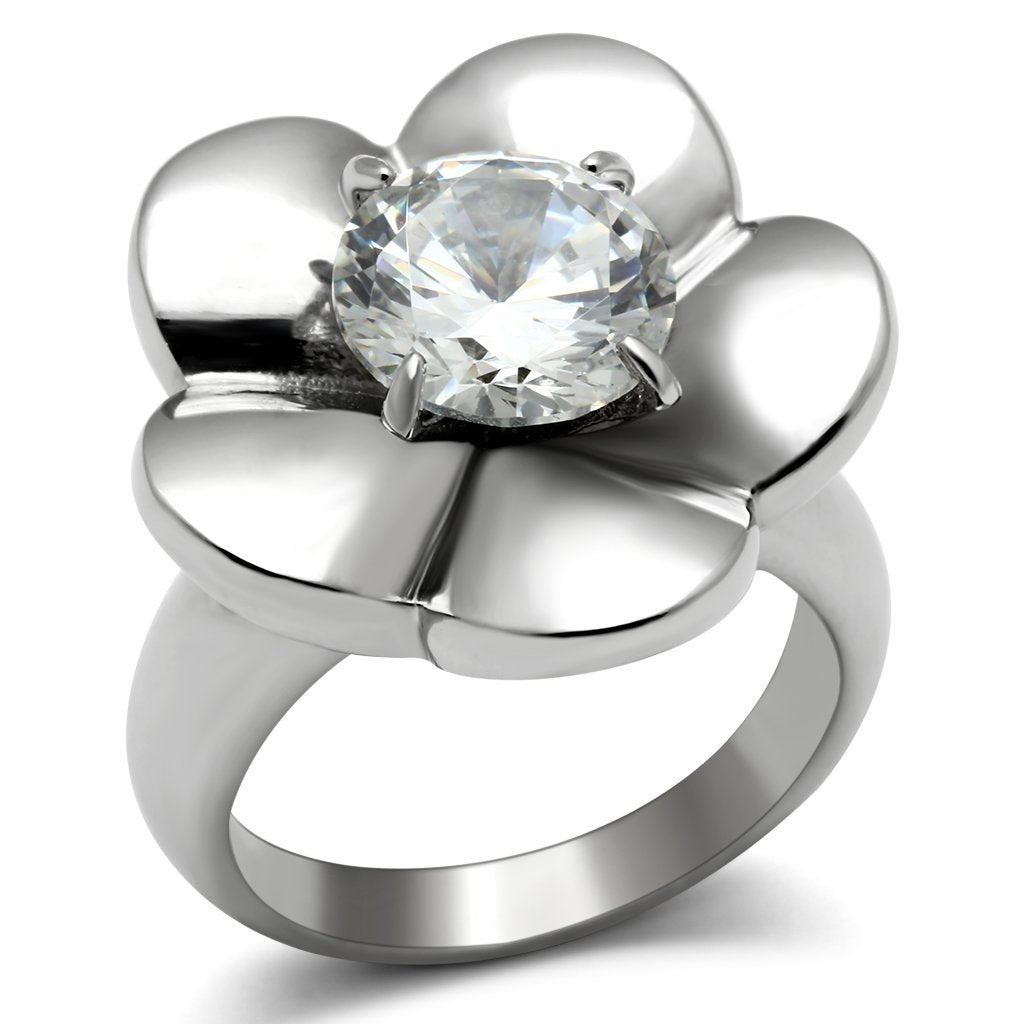 JCE477 High polished (no plating) Stainless Steel Ring with AAA Grade CZ in Clear