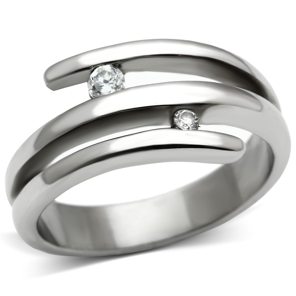 JCE478 High polished (no plating) Stainless Steel Ring with AAA Grade CZ in Clear