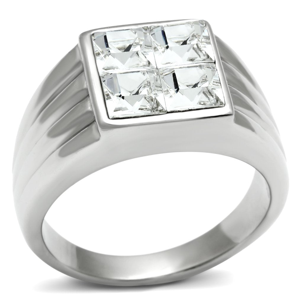 JCE489 High polished (no plating) Stainless Steel Ring with Top Grade Crystal  in Clear
