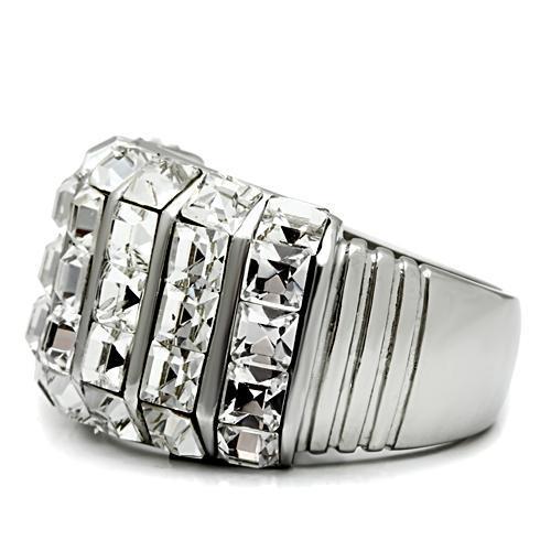 JCE490 High polished (no plating) Stainless Steel Ring with Top Grade Crystal in Clear