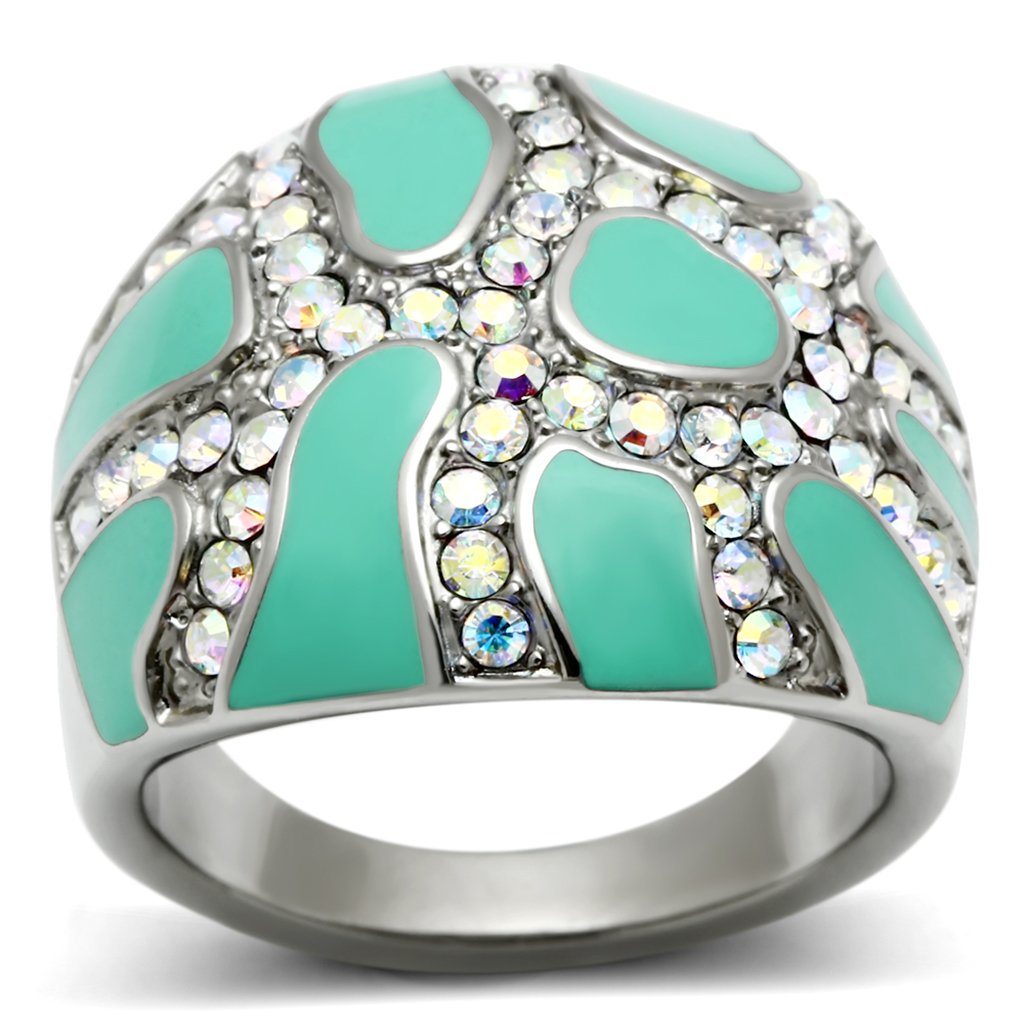 JCE507 High polished (no plating) Stainless Steel Ring with Top Grade Crystal in Aurora Borealis (Rainbow Effect)