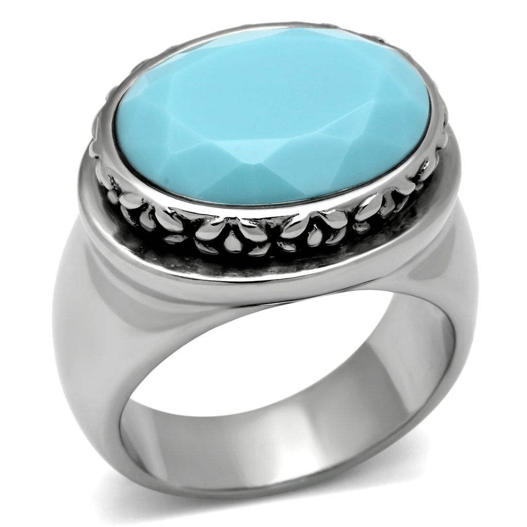 JCE525 High polished (no plating) Stainless Steel Ring with Synthetic Synthetic Glass in Sea Blue