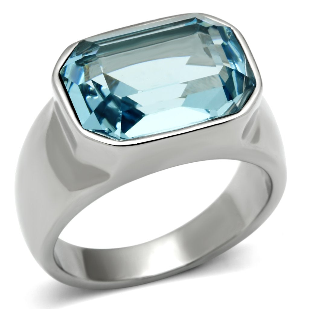 JCE527 High polished (no plating) Stainless Steel Ring with Top Grade Crystal  in Sea Blue