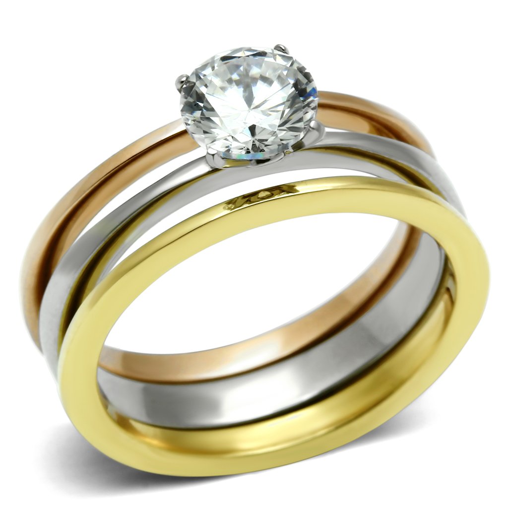 JCE620 Three-Tone IP Stainless Steel Ring with AAA Grade CZ in Clear