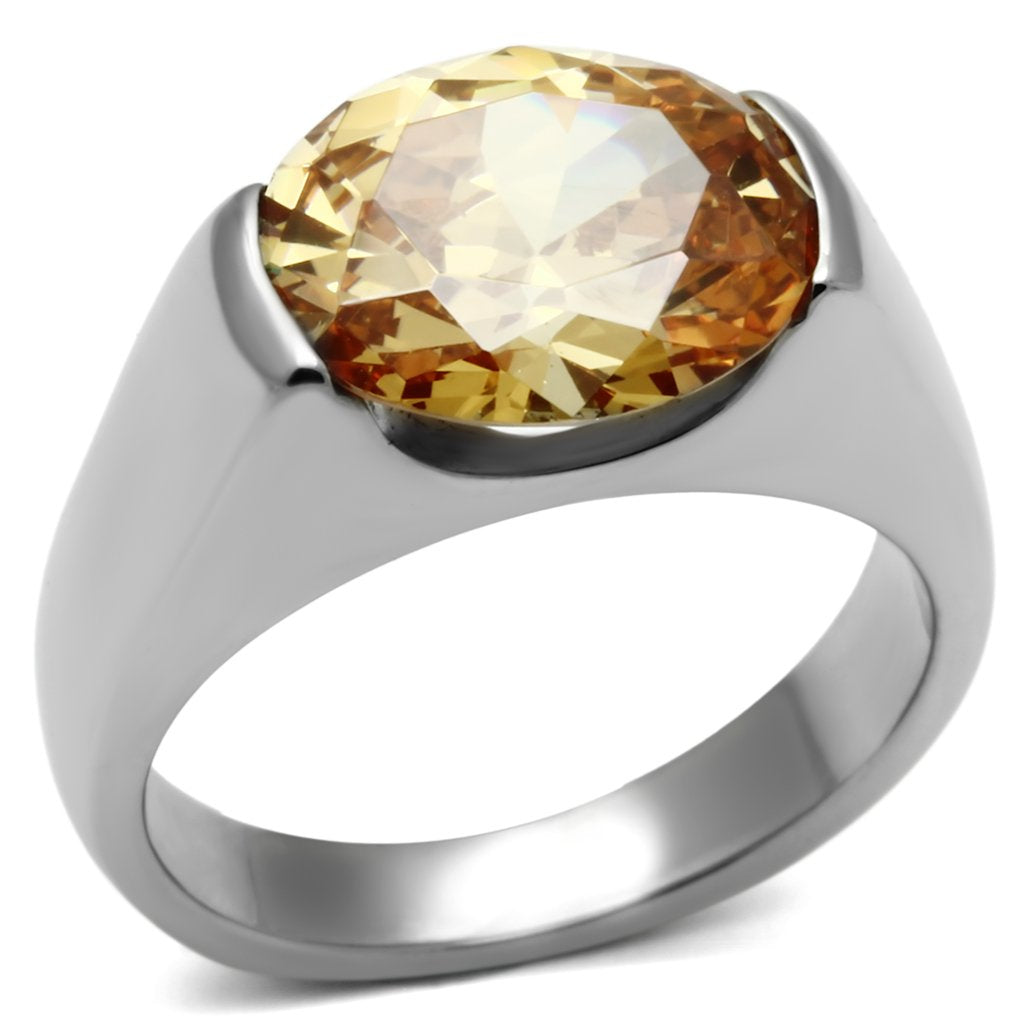 JCE622 High polished (no plating) Stainless Steel Ring with AAA Grade CZ in Champagne