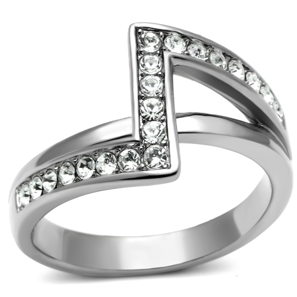 JCE624 High polished (no plating) Stainless Steel Ring with Top Grade Crystal in Clear