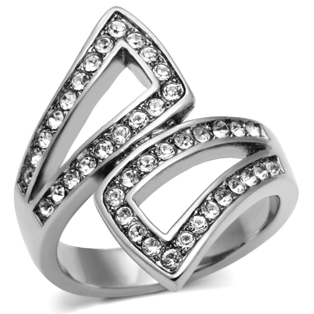 JCE625 High polished (no plating) Stainless Steel Ring with Top Grade Crystal in Clear