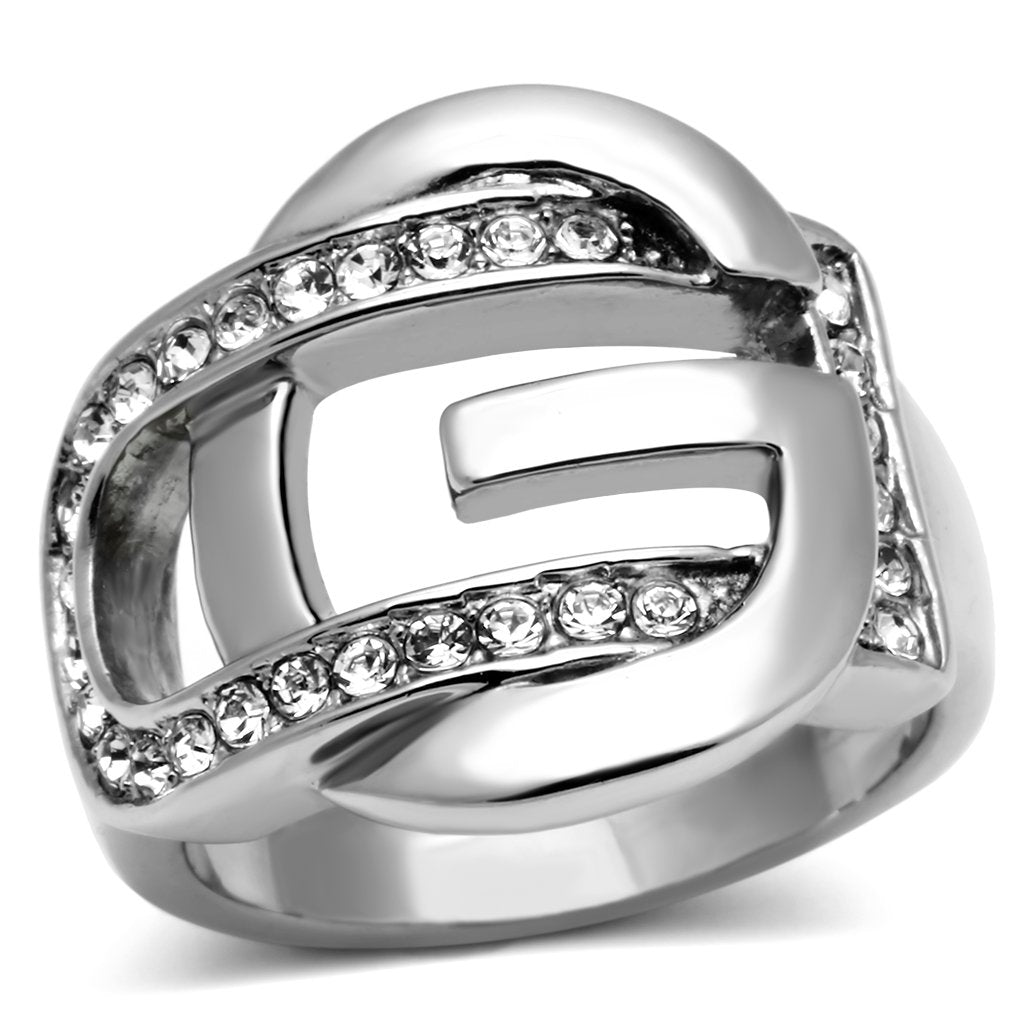 JCE634 High polished (no plating) Stainless Steel Ring with Top Grade Crystal in Clear