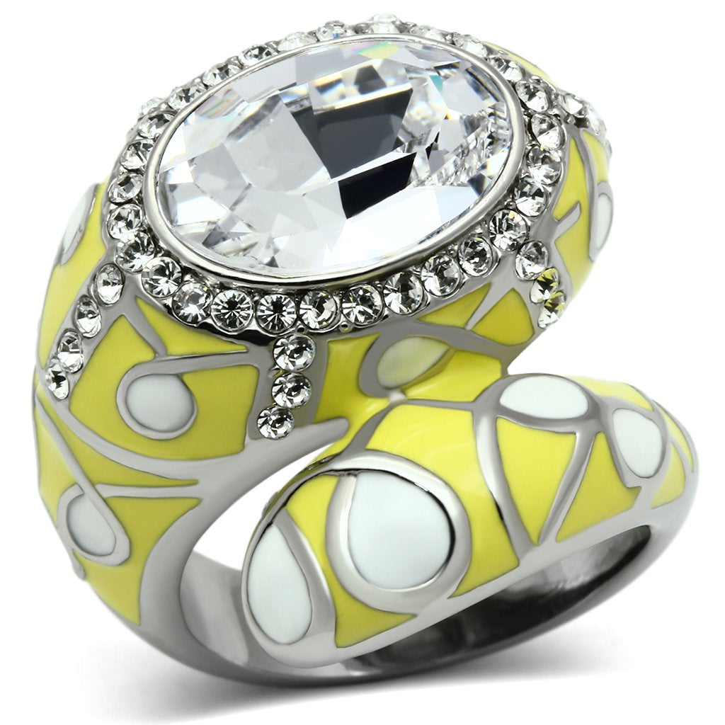 JCE643 High polished (no plating) Stainless Steel Ring with Top Grade Crystal in Clear