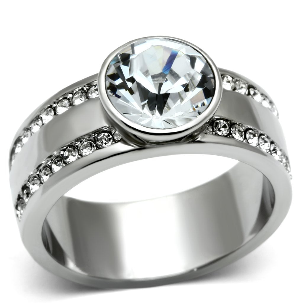 JCE646 High polished (no plating) Stainless Steel Ring with Top Grade Crystal in Clear