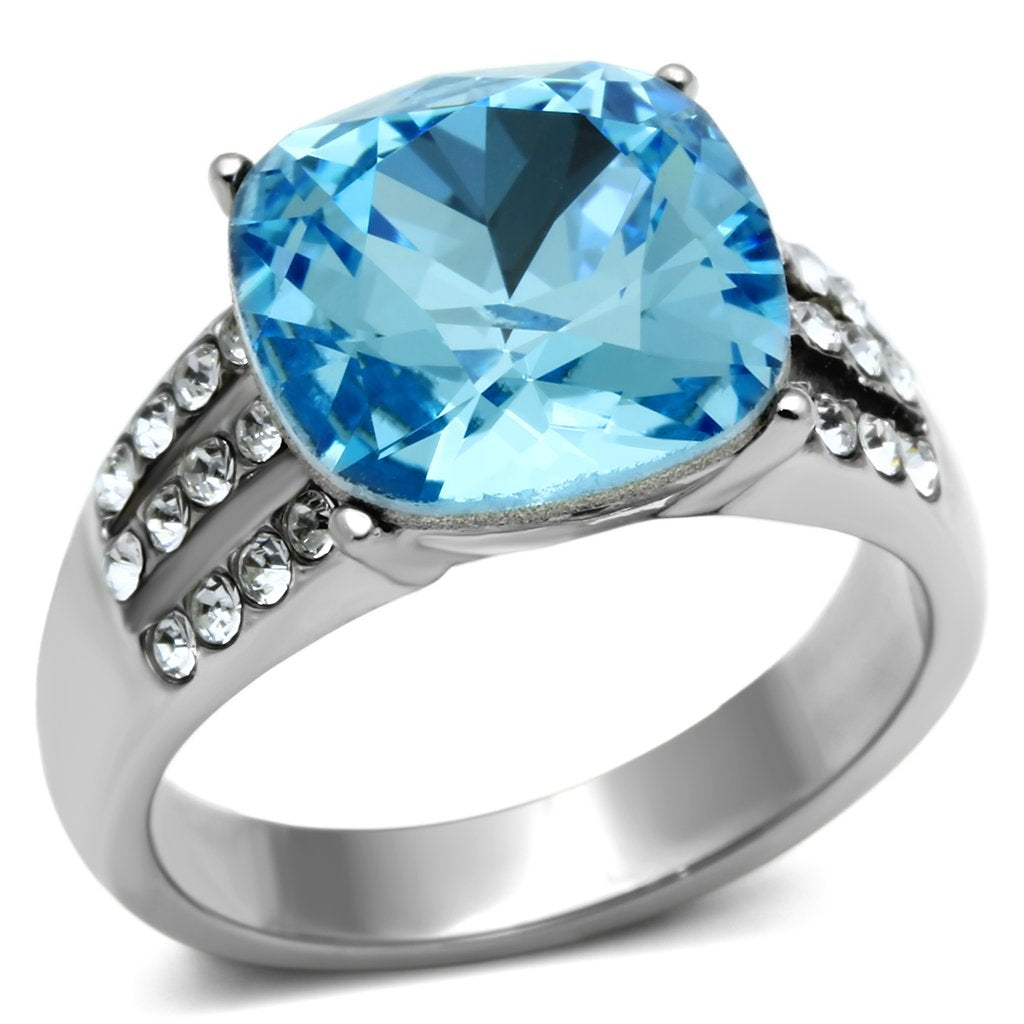 JCE647 High polished (no plating) Stainless Steel Ring with Top Grade Crystal in Sea Blue