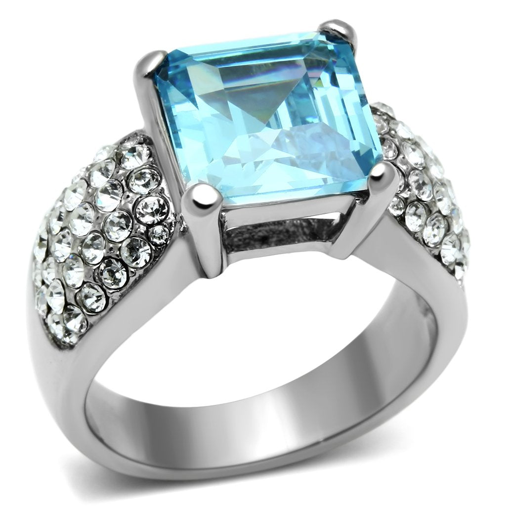 JCE648 High polished (no plating) Stainless Steel Ring with Top Grade Crystal in Sea Blue