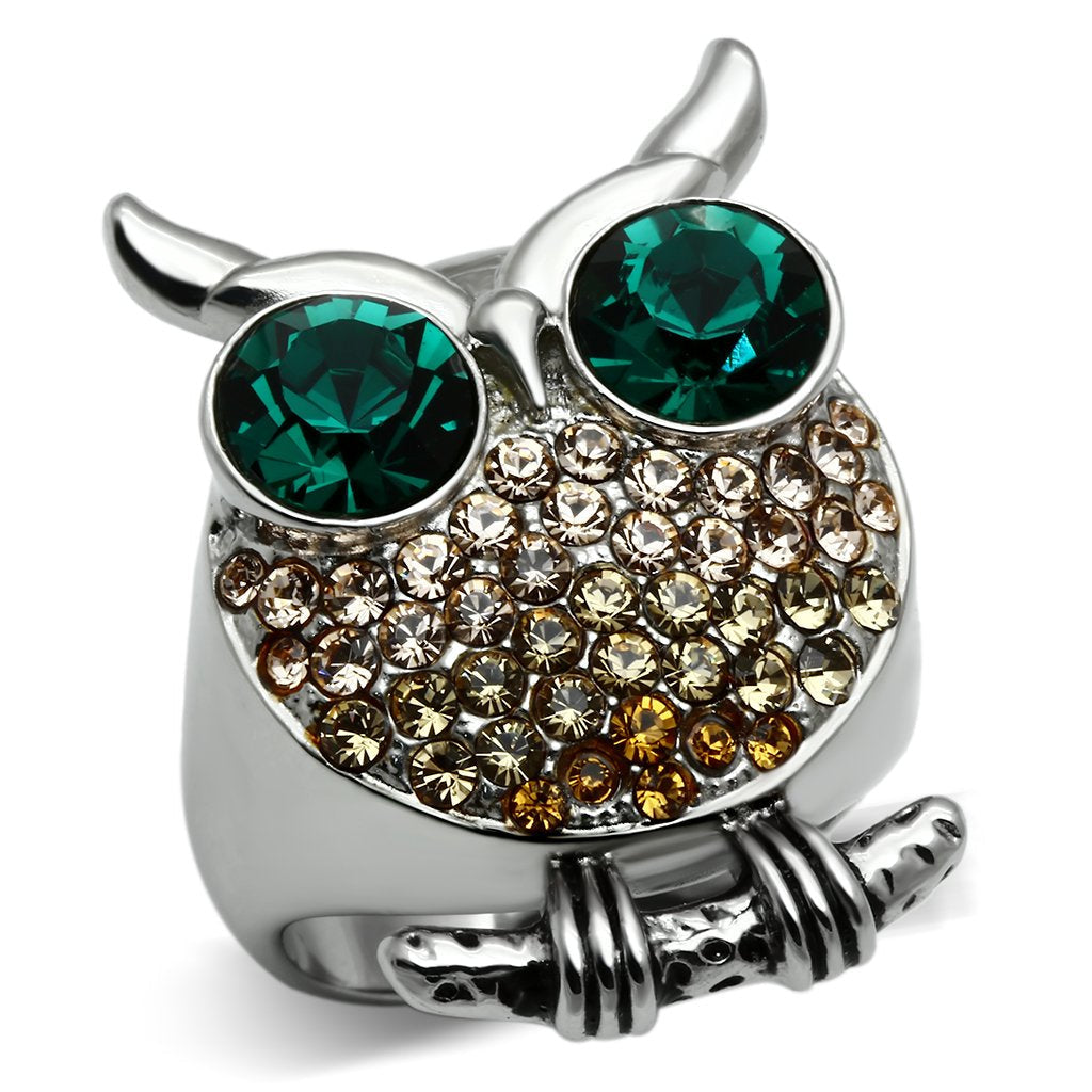 JCE656 High polished (no plating) Stainless Steel Ring with Top Grade Crystal in Emerald