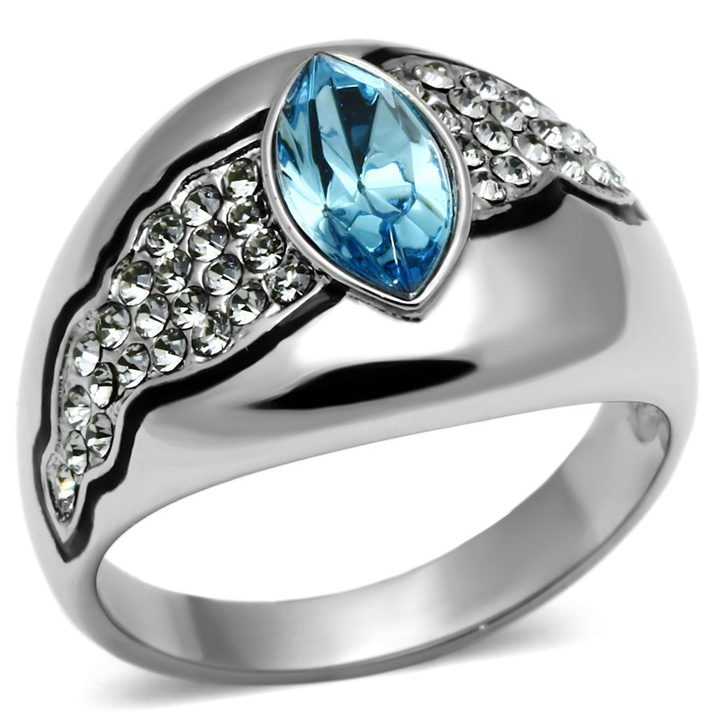 JCE659 High polished (no plating) Stainless Steel Ring with Top Grade Crystal in Sea Blue